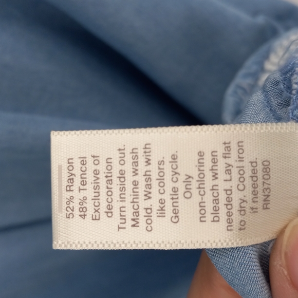 Chambray Ombre Tiered Sleeves Dress Off Shoulder Embroidered Hem by C Est. 1946 - Picture 9 of 10